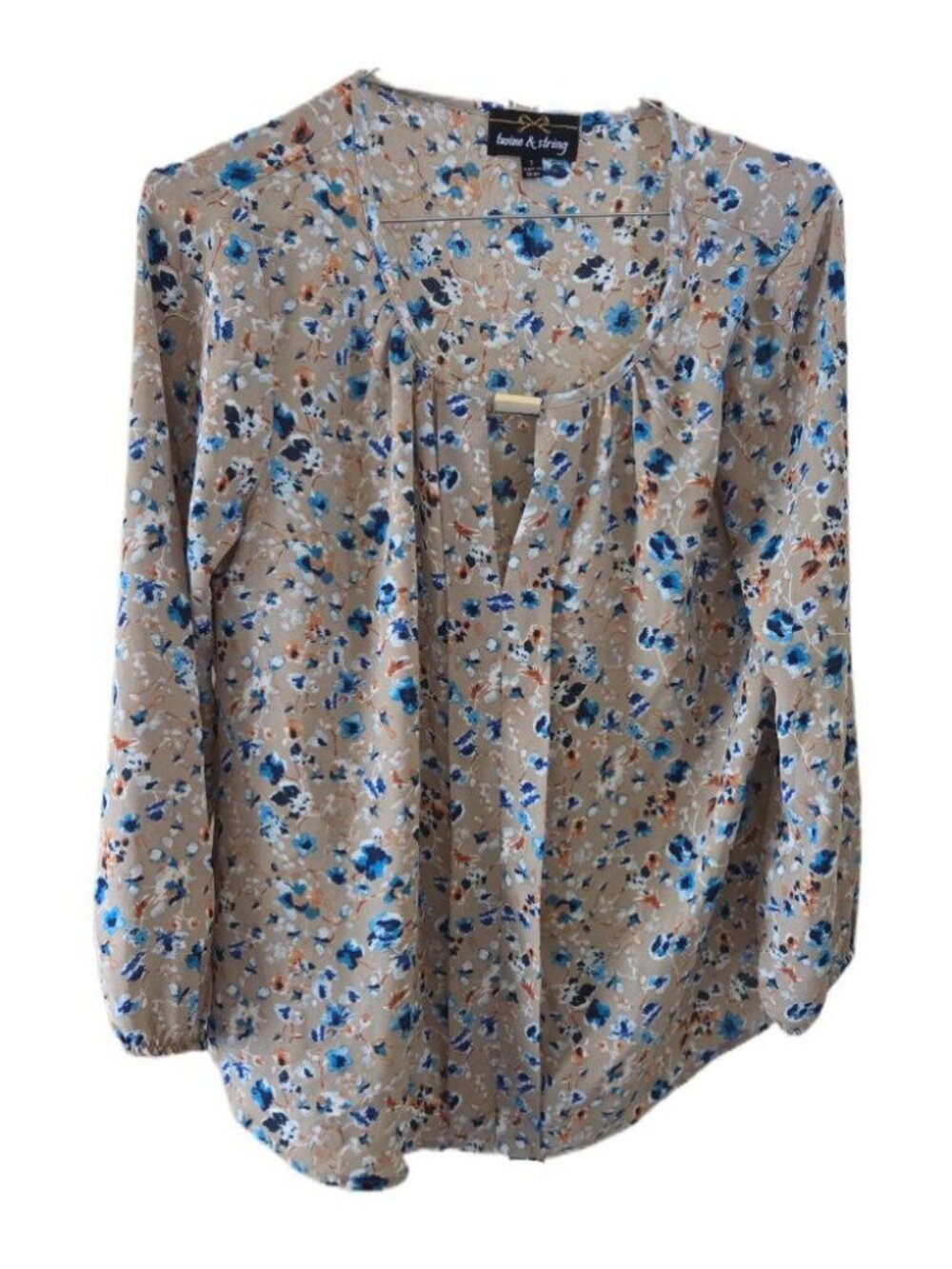 Twine & String Tan Floral 3/4 Sleeve Boho Blouse